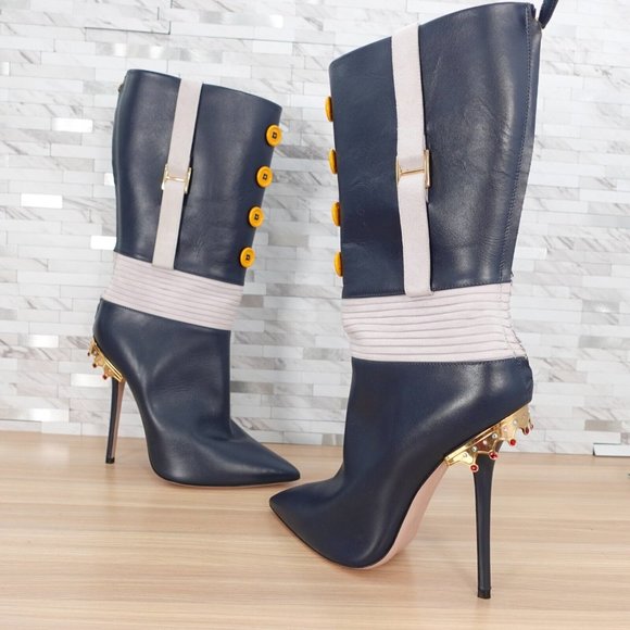 Italian Leather Boots 10 Knee High‎ Swarovski Gold Crown Quite Luxury Blue $1288 - Picture 1 of 16